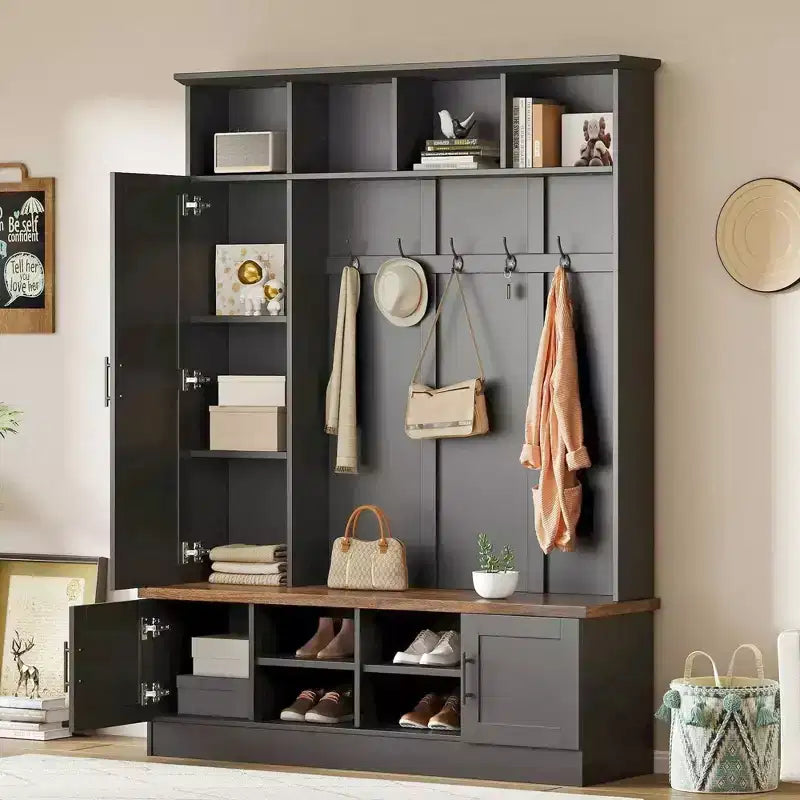 55W 3-in-1 Hall Tree with 6 Hooks, Coat Rack and Walnut Entryway Storage Bench with Adjustable Shelves - ModernLuxe