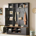 55W 3-in-1 Hall Tree with 6 Hooks, Coat Rack and Walnut Entryway Storage Bench with Adjustable Shelves - ModernLuxe