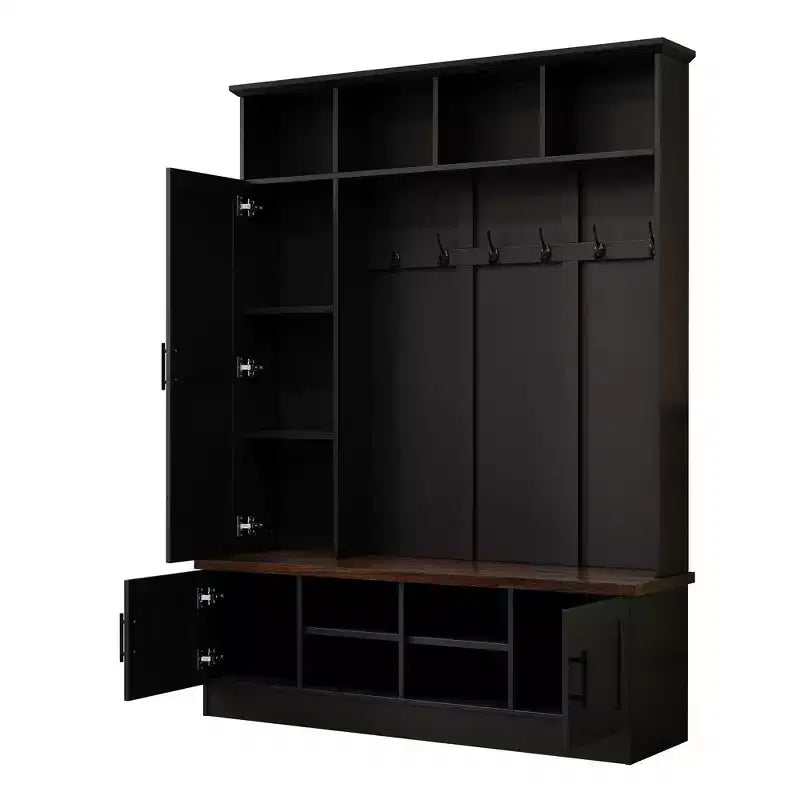 55W 3-in-1 Hall Tree with 6 Hooks, Coat Rack and Walnut Entryway Storage Bench with Adjustable Shelves - ModernLuxe