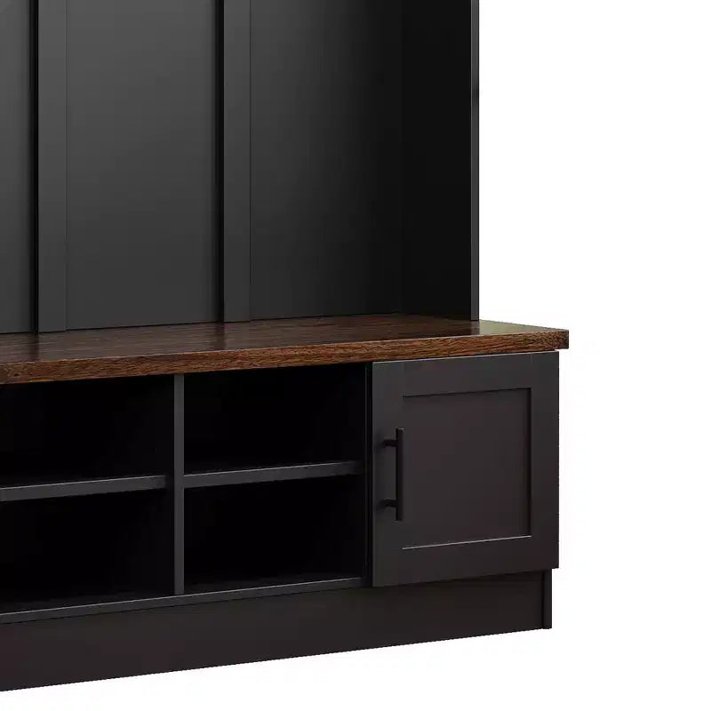 55W 3-in-1 Hall Tree with 6 Hooks, Coat Rack and Walnut Entryway Storage Bench with Adjustable Shelves - ModernLuxe
