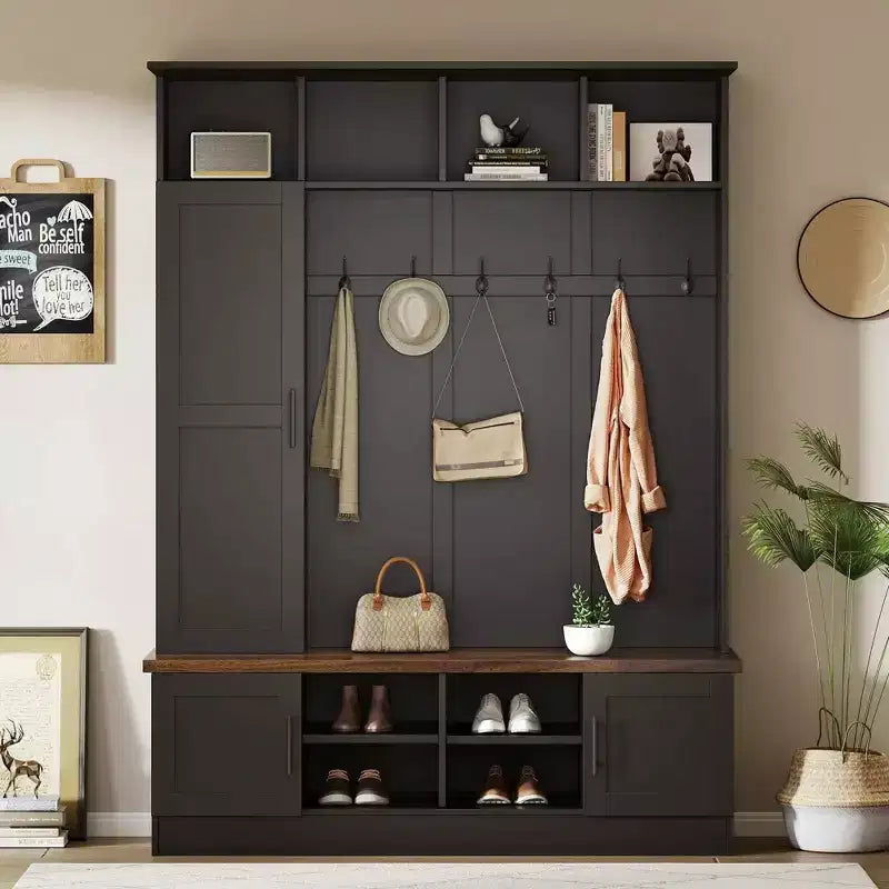 55W 3-in-1 Hall Tree with 6 Hooks, Coat Rack and Walnut Entryway Storage Bench with Adjustable Shelves - ModernLuxe
