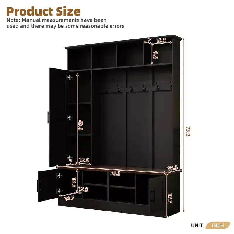 55W 3-in-1 Hall Tree with 6 Hooks, Coat Rack and Walnut Entryway Storage Bench with Adjustable Shelves - ModernLuxe