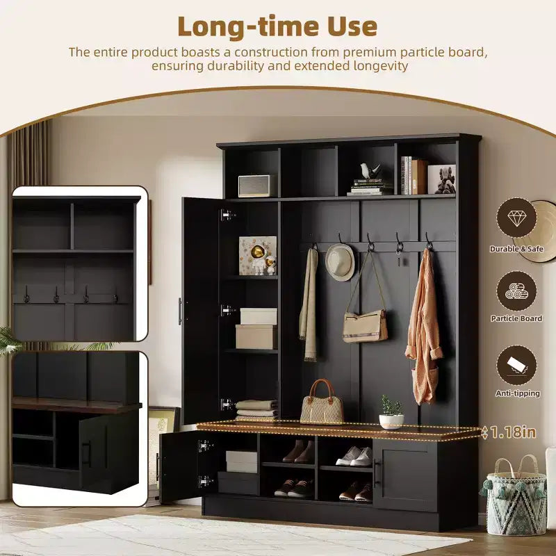 55W 3-in-1 Hall Tree with 6 Hooks, Coat Rack and Walnut Entryway Storage Bench with Adjustable Shelves - ModernLuxe