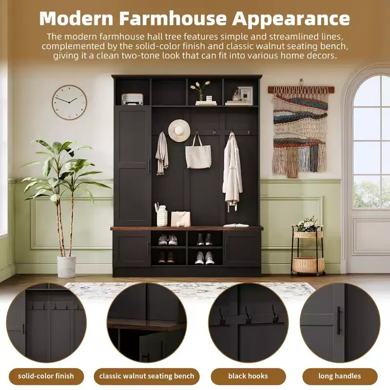 55W 3-in-1 Hall Tree with 6 Hooks, Coat Rack and Walnut Entryway Storage Bench with Adjustable Shelves - ModernLuxe