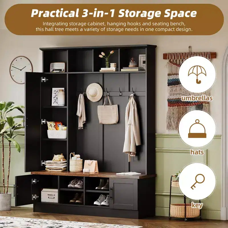 55W 3-in-1 Hall Tree with 6 Hooks, Coat Rack and Walnut Entryway Storage Bench with Adjustable Shelves - ModernLuxe