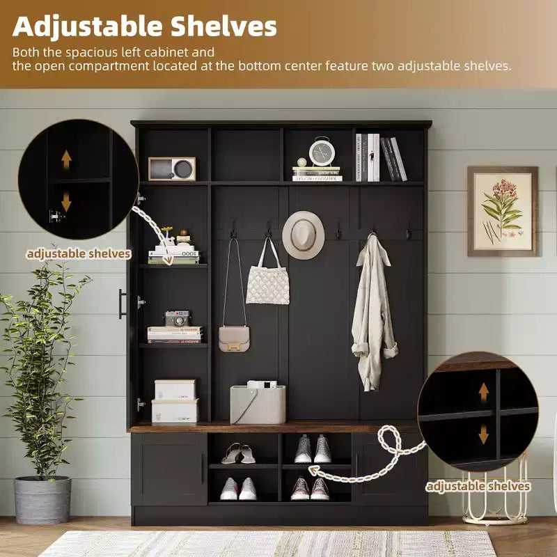 55W 3-in-1 Hall Tree with 6 Hooks, Coat Rack and Walnut Entryway Storage Bench with Adjustable Shelves - ModernLuxe