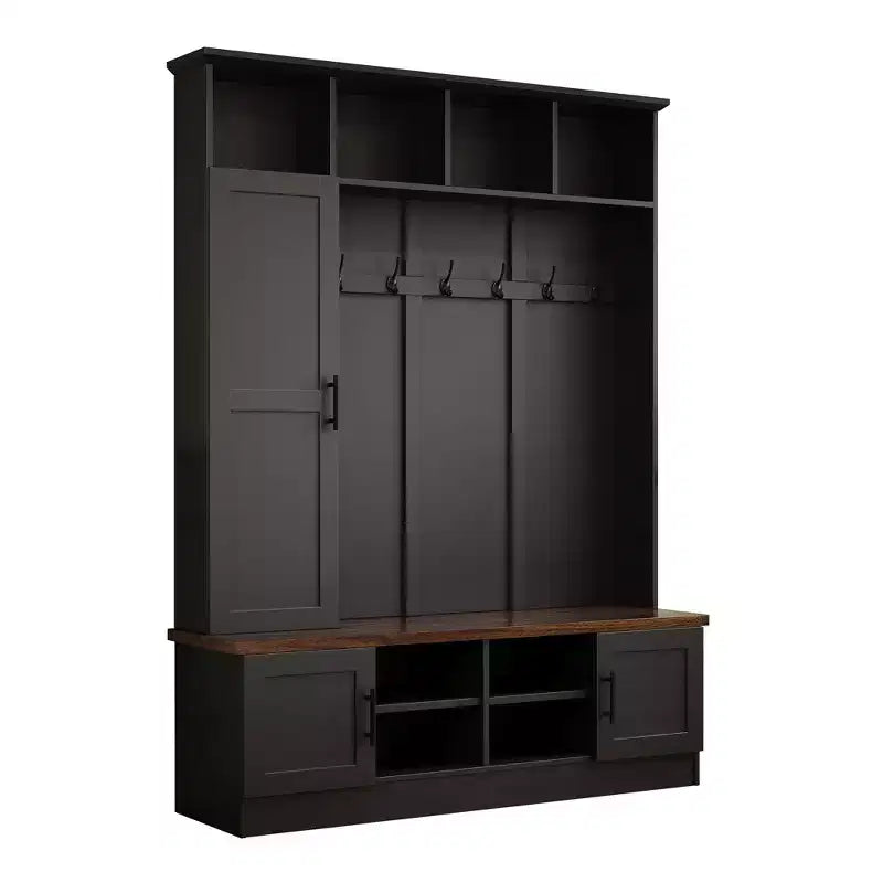 55W 3-in-1 Hall Tree with 6 Hooks, Coat Rack and Walnut Entryway Storage Bench with Adjustable Shelves - ModernLuxe