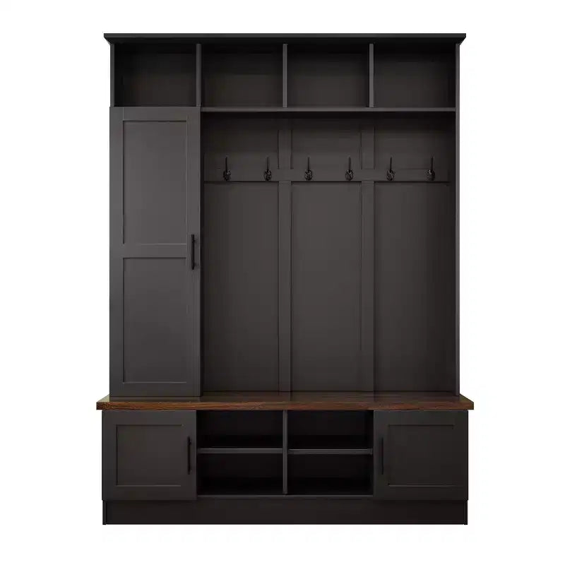 55W 3-in-1 Hall Tree with 6 Hooks, Coat Rack and Walnut Entryway Storage Bench with Adjustable Shelves - ModernLuxe
