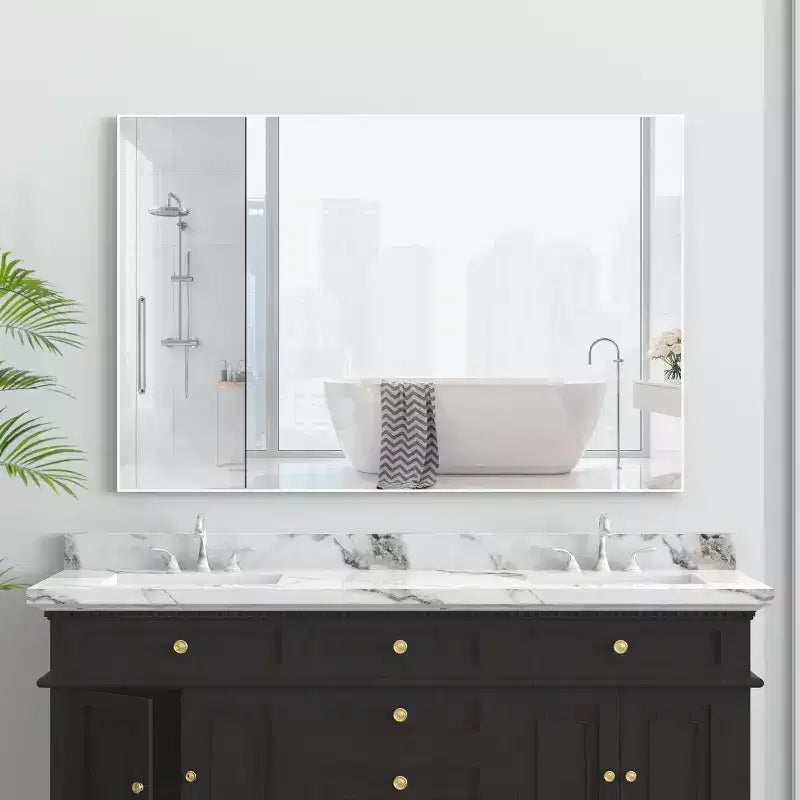 Modern White Frame Bathroom Mirror: Oversized, Aluminum, Wall Mounted, Vertical/Horizontal