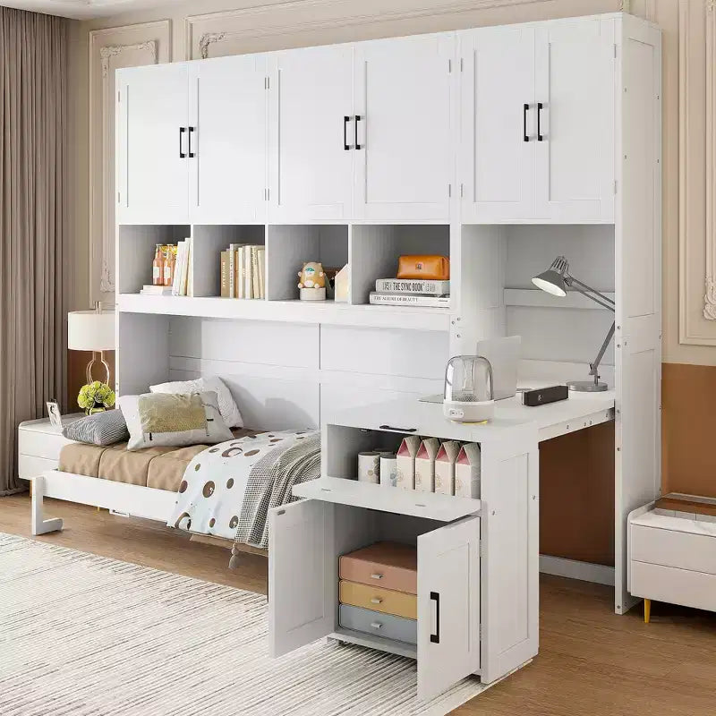 Whisen Twin Size Murphy Bed Wall Bed with Closet , Drawers & Desk