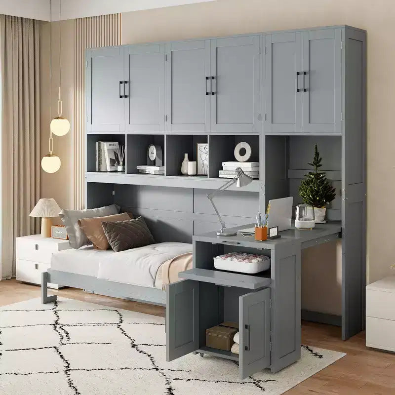 Whisen Twin Size Murphy Bed Wall Bed with Closet , Drawers & Desk