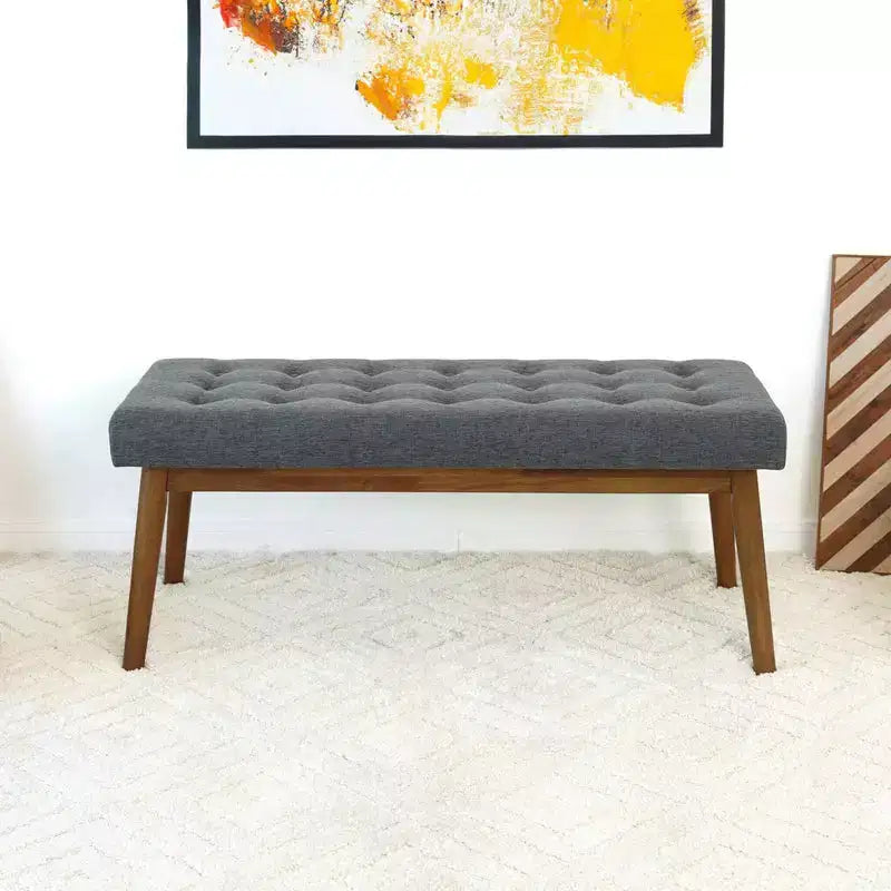 Modern Button-Tufted Fabric Upholstered Solid Wood Bench – 43 Inch