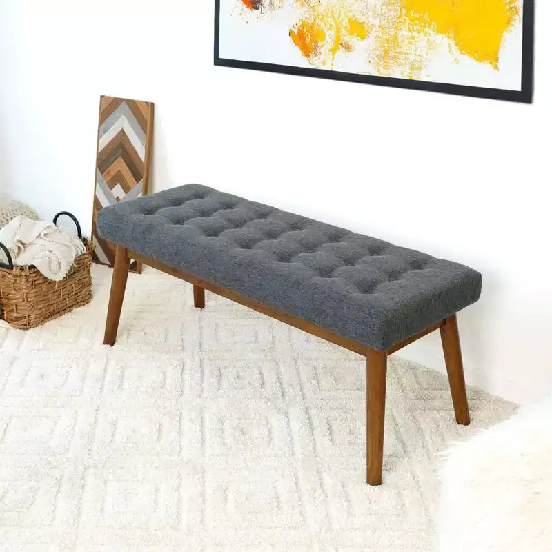Modern Button-Tufted Fabric Upholstered Solid Wood Bench – 43 Inch