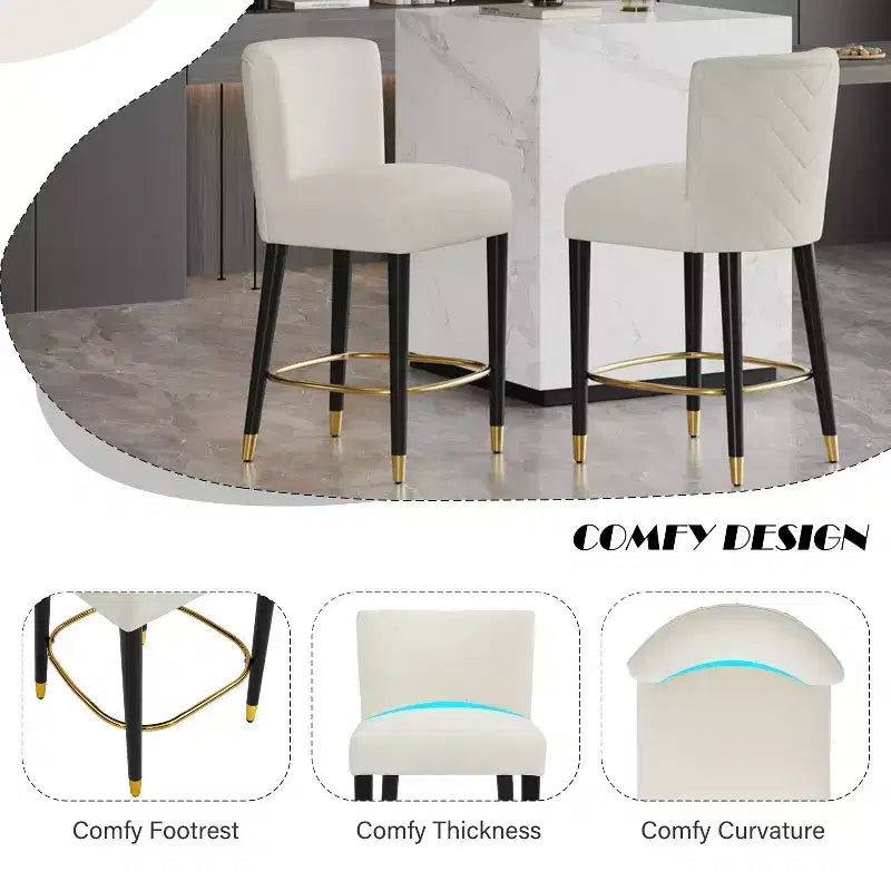 Set of 2 Upholstered Counter Bar Stools with Footrest – Beige/Gray