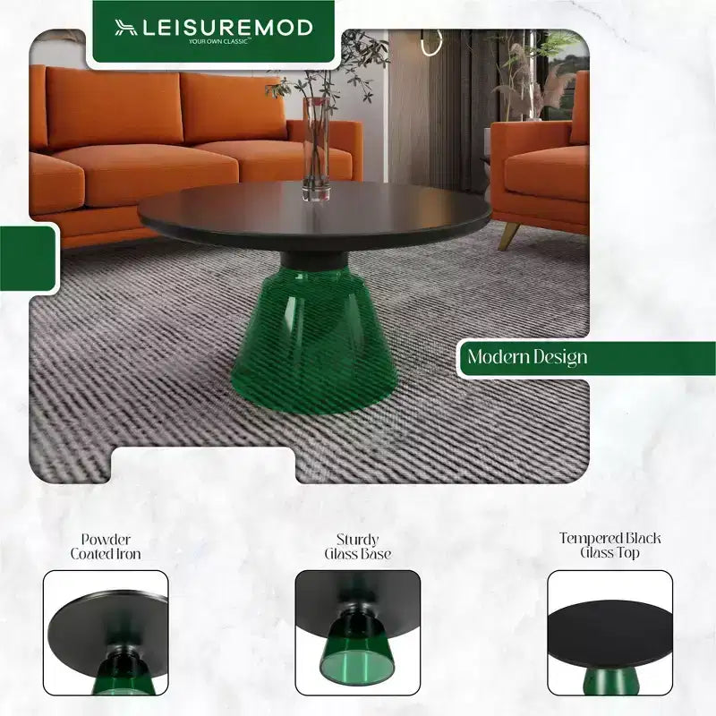 Round Glass Coffee Table with Black Rim & Metal Frame for Living Room