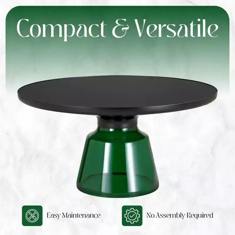 Round Glass Coffee Table with Black Rim & Metal Frame for Living Room