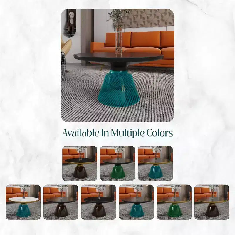 Round Glass Coffee Table with Black Rim & Metal Frame for Living Room