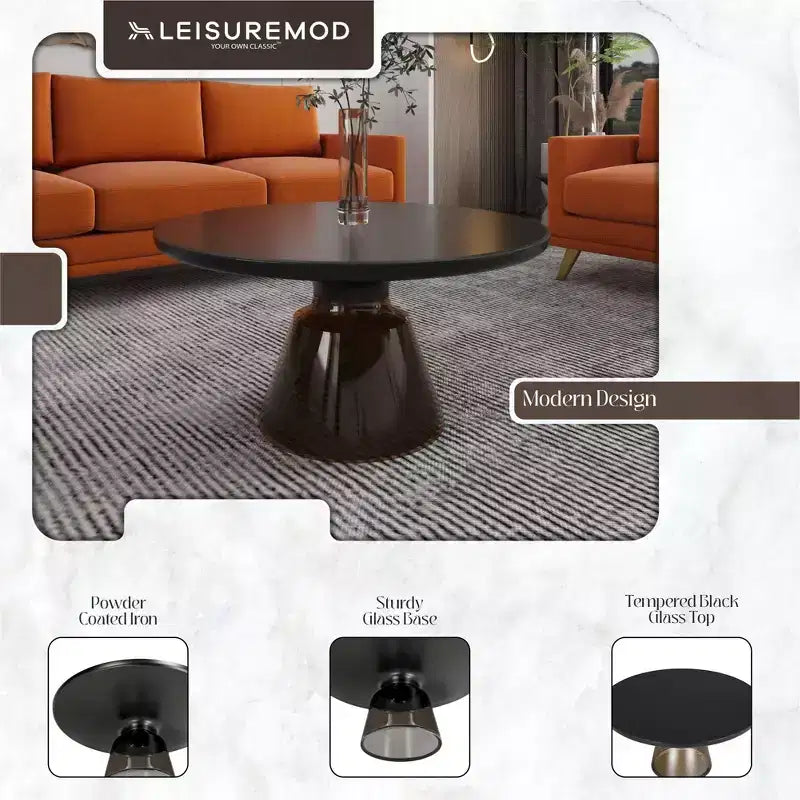 Round Glass Coffee Table with Black Rim & Metal Frame for Living Room