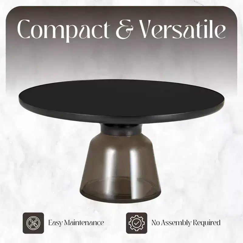 Round Glass Coffee Table with Black Rim & Metal Frame for Living Room