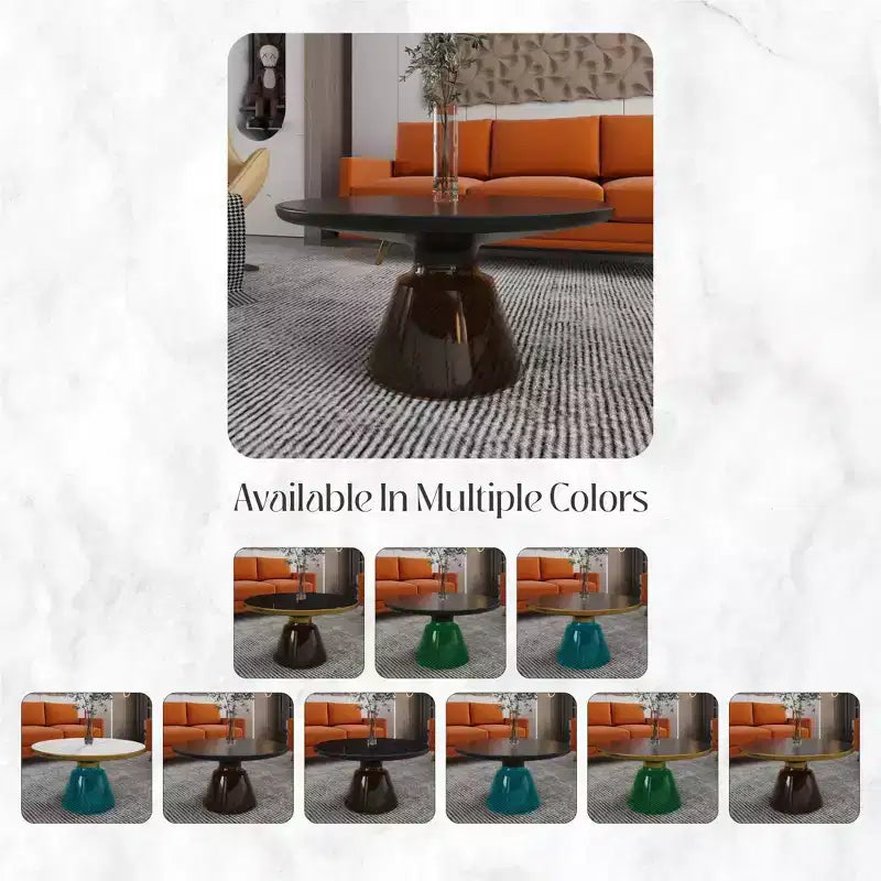 Round Glass Coffee Table with Black Rim & Metal Frame for Living Room