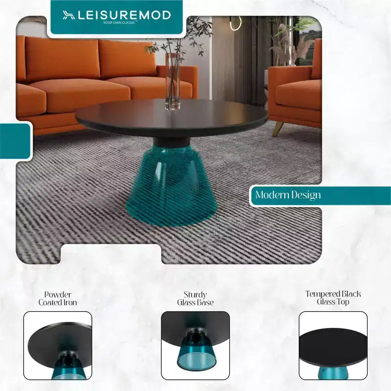 Round Glass Coffee Table with Black Rim & Metal Frame for Living Room