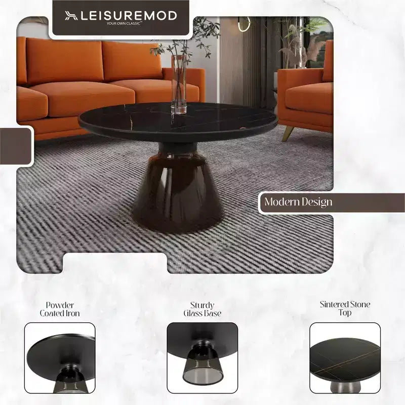 Round Glass Coffee Table with Black Rim & Metal Frame for Living Room