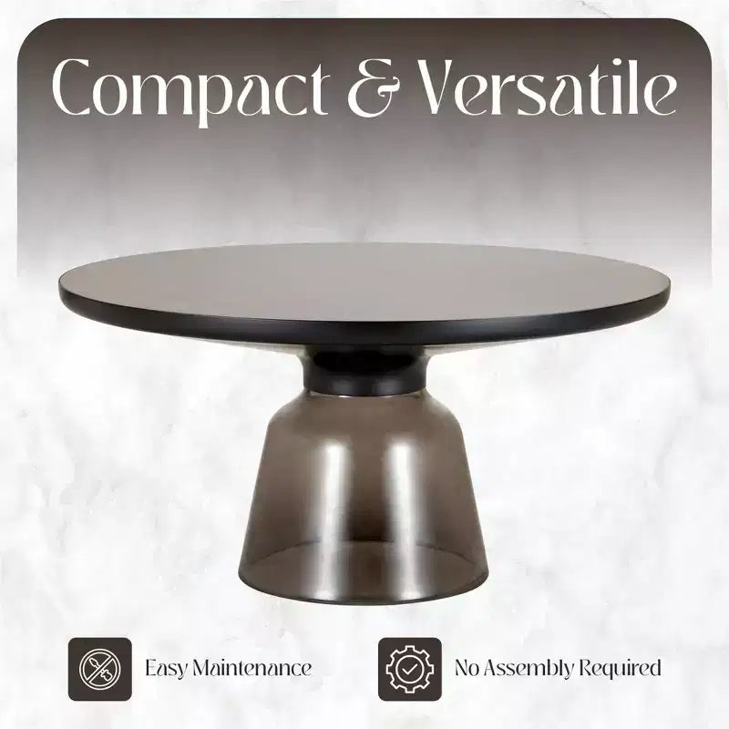 Round Glass Coffee Table with Black Rim & Metal Frame for Living Room