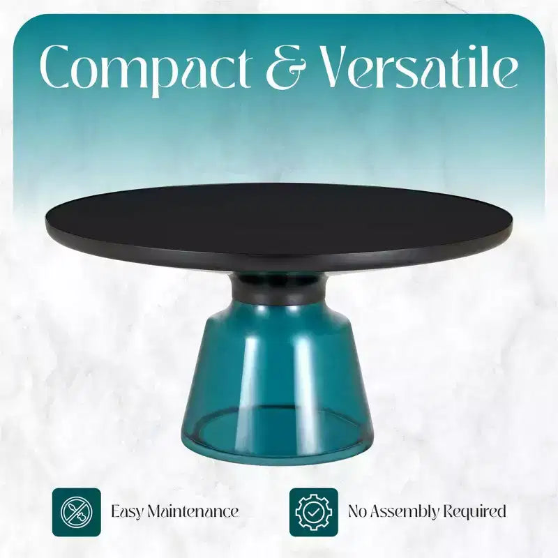 Round Glass Coffee Table with Black Rim & Metal Frame for Living Room