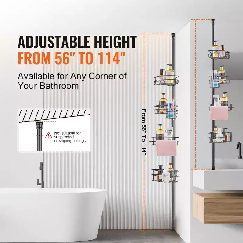 4-Shelf Shower Corner Caddy Tension Pole Adjustable 56-114 in Rust-Resistant Bathroom Organizer