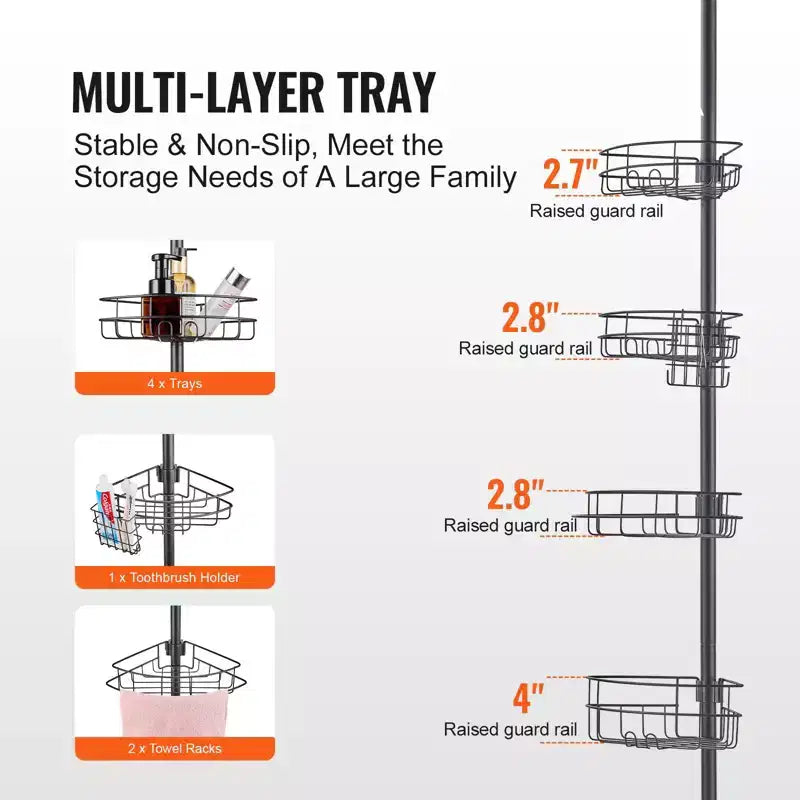4-Shelf Shower Corner Caddy Tension Pole Adjustable 56-114 in Rust-Resistant Bathroom Organizer