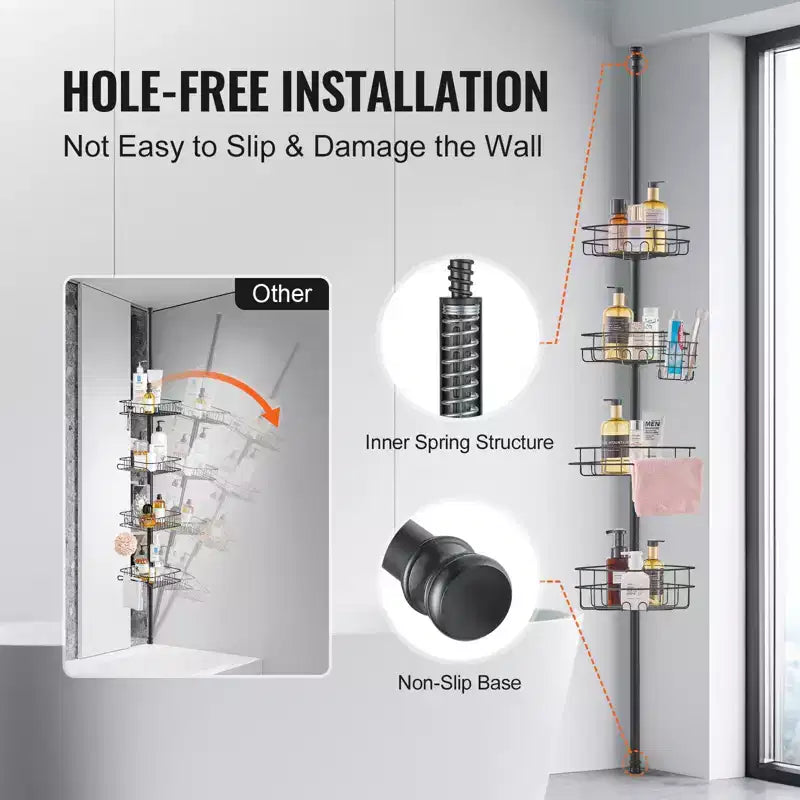 4-Shelf Shower Corner Caddy Tension Pole Adjustable 56-114 in Rust-Resistant Bathroom Organizer