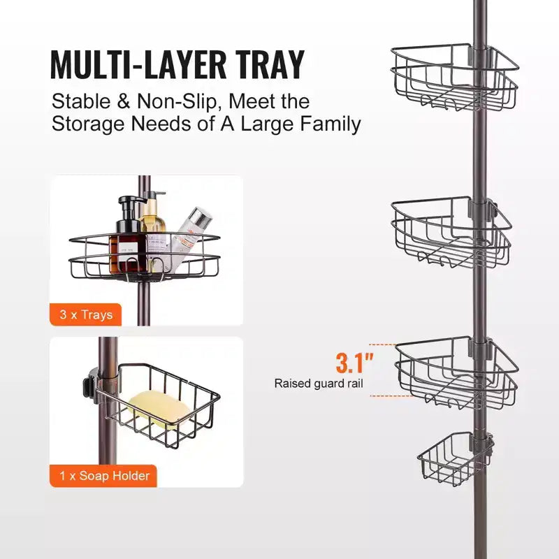 3-Tier Shower Corner Caddy Tension Pole Adjustable 39-125 in Rust-Resistant Bathroom Organizer
