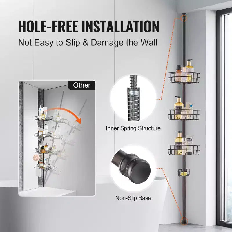 3-Tier Shower Corner Caddy Tension Pole Adjustable 39-125 in Rust-Resistant Bathroom Organizer