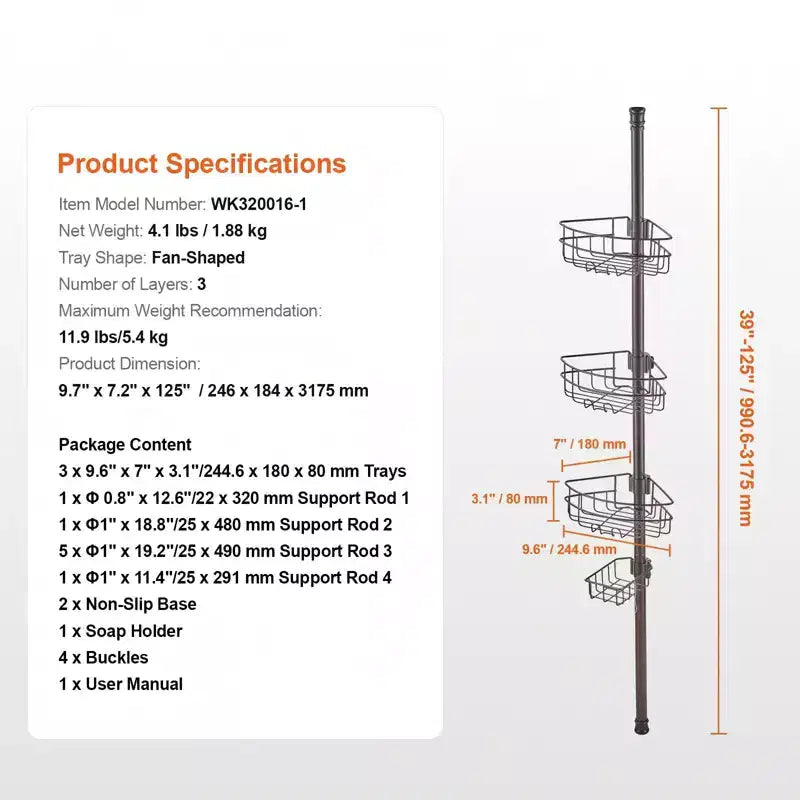 3-Tier Shower Corner Caddy Tension Pole Adjustable 39-125 in Rust-Resistant Bathroom Organizer
