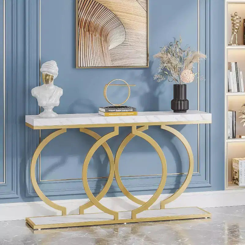 Tribesigns 55-Inch Gold Console Table, Modern Entryway Table with Geometric Metal Frame, Faux Marble Sofa Table for Living Room, Entrance, Hallway