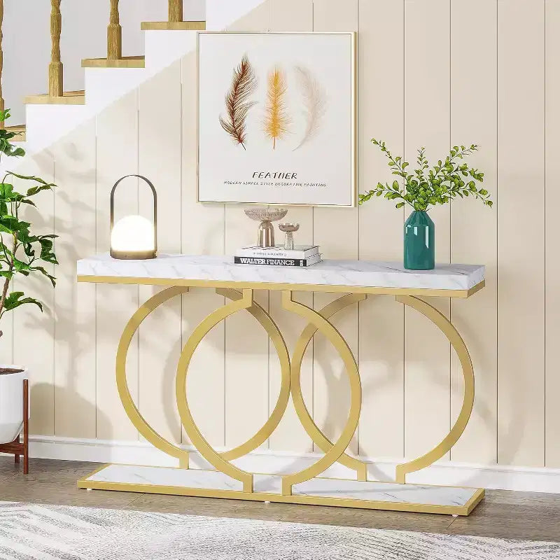 Tribesigns 55-Inch Gold Console Table, Modern Entryway Table with Geometric Metal Frame, Faux Marble Sofa Table for Living Room, Entrance, Hallway