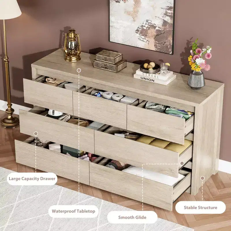 7 Drawer Dresser for Bedroom, Wide Modern Wooden Chest of Drawers with Large Storage, Wood Dresser Organizer for Living Room, Hallway, Entryway