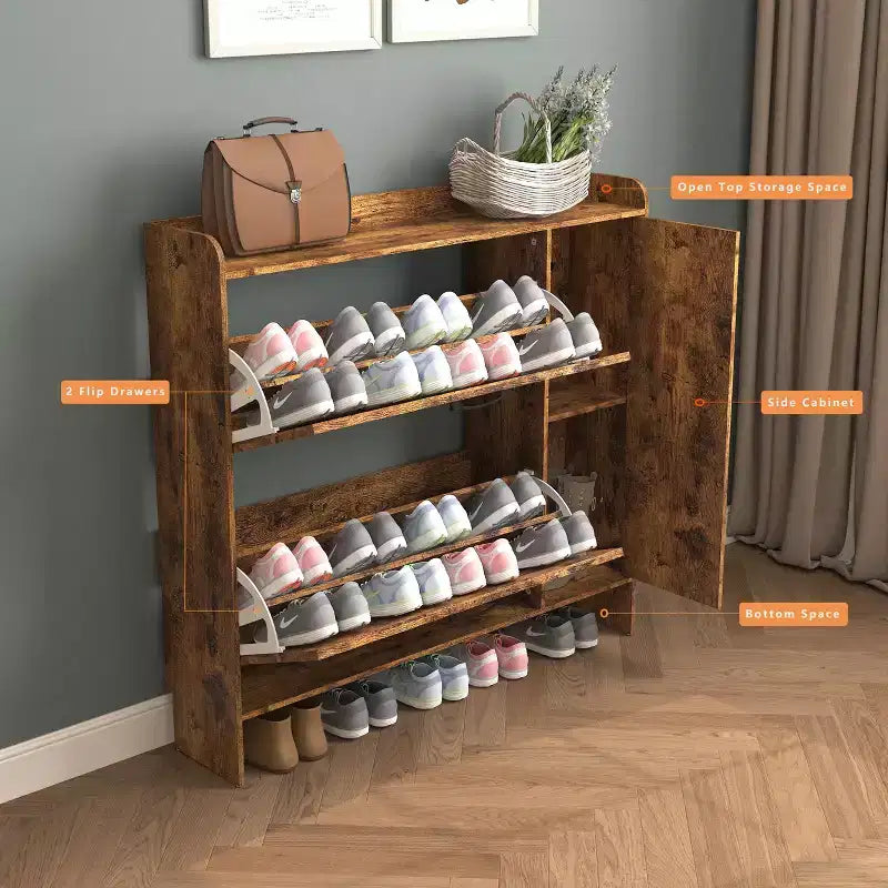 VIYET 41 Rustic Brown Freestanding Shoe Cabinet - MDF, 2 Flip Drawers & Mirror Doors, Narrow Entryway Storage, Customizable