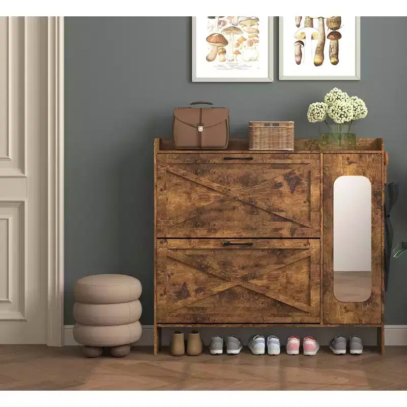 VIYET 41 Rustic Brown Freestanding Shoe Cabinet - MDF, 2 Flip Drawers & Mirror Doors, Narrow Entryway Storage, Customizable