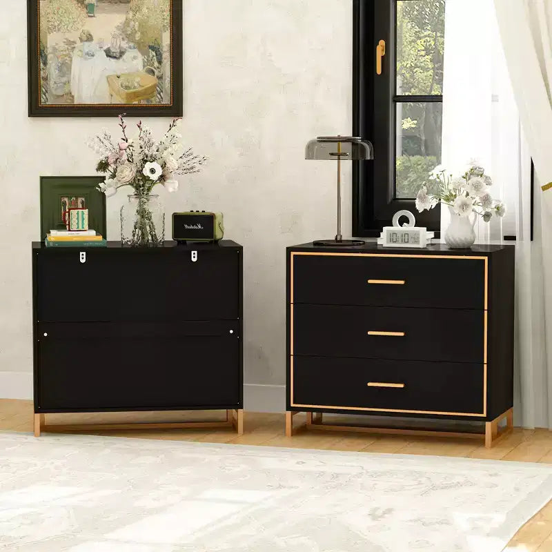 Hitow Black/ White & Gold Modern Nightstand Open Metal Frame Bedroom Nightstand 3-Drawer Bedside Storage Living Room Bedside Table