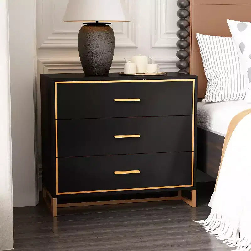 Hitow Black/ White & Gold Modern Nightstand Open Metal Frame Bedroom Nightstand 3-Drawer Bedside Storage Living Room Bedside Table