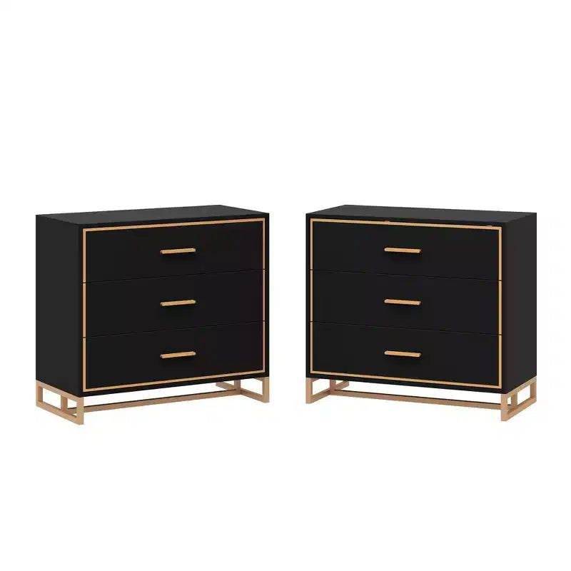 Hitow Black/ White & Gold Modern Nightstand Open Metal Frame Bedroom Nightstand 3-Drawer Bedside Storage Living Room Bedside Table