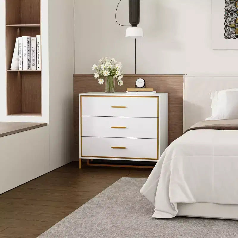 Hitow Black/ White & Gold Modern Nightstand Open Metal Frame Bedroom Nightstand 3-Drawer Bedside Storage Living Room Bedside Table