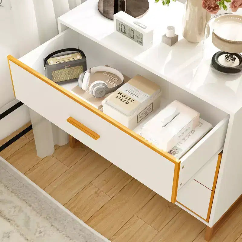 Hitow Black/ White & Gold Modern Nightstand Open Metal Frame Bedroom Nightstand 3-Drawer Bedside Storage Living Room Bedside Table