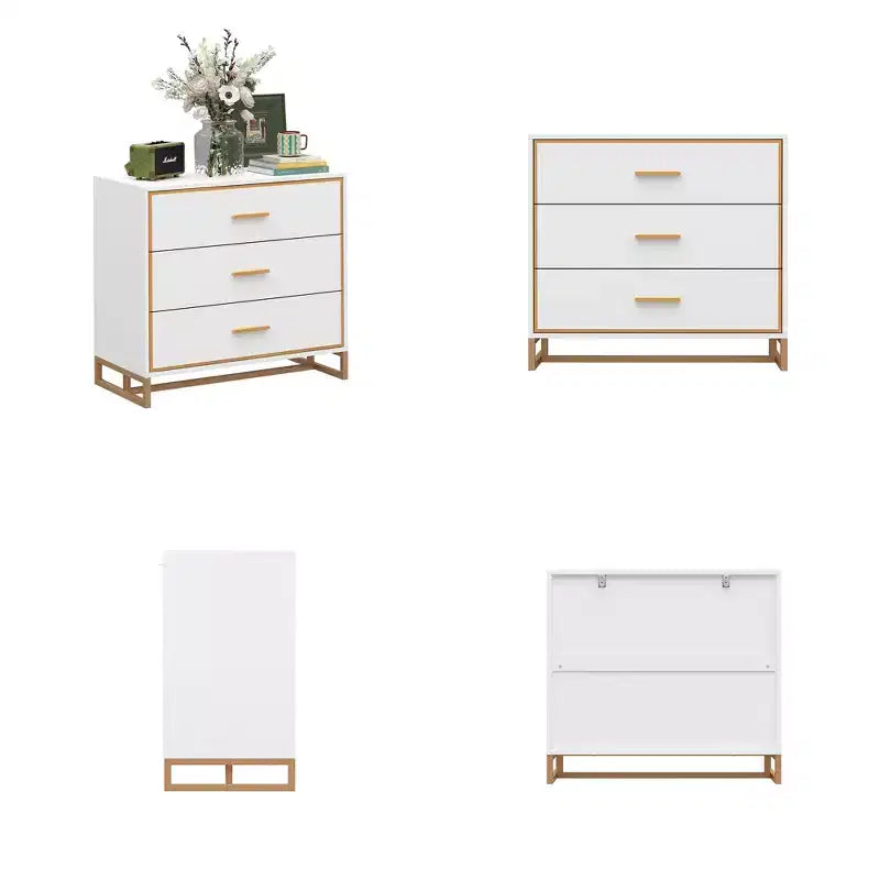 Hitow Black/ White & Gold Modern Nightstand Open Metal Frame Bedroom Nightstand 3-Drawer Bedside Storage Living Room Bedside Table
