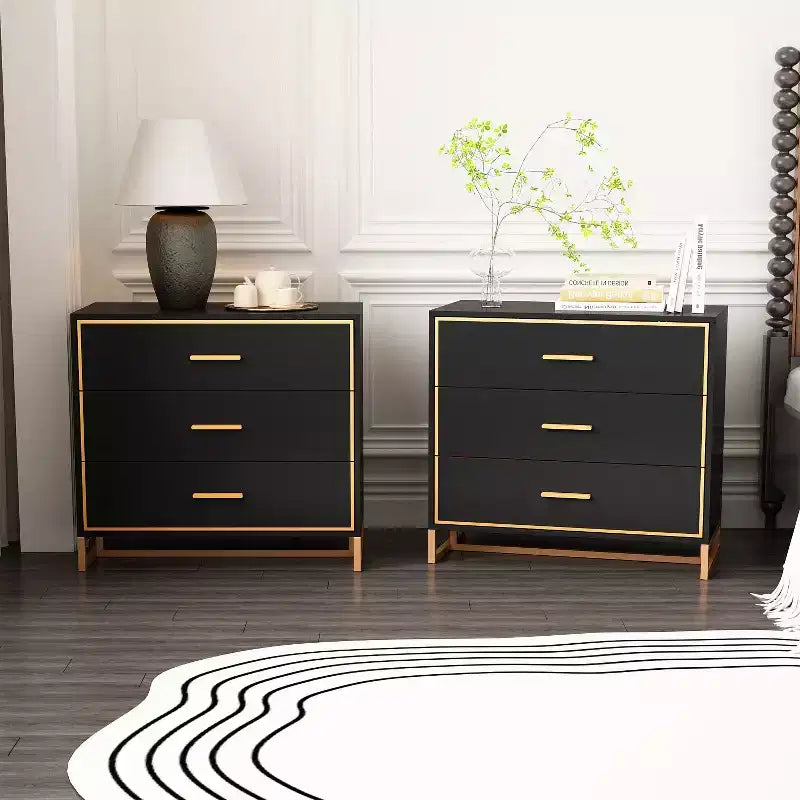 Hitow Black/ White & Gold Modern Nightstand Open Metal Frame Bedroom Nightstand 3-Drawer Bedside Storage Living Room Bedside Table