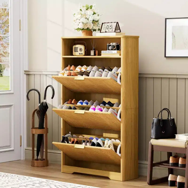 VIYET 54 Tall Freestanding Shoe Cabinet - Natural Particle Board+MDF, 3 Flip Drawers, Adjustable Shelves, Hidden Entryway Storage