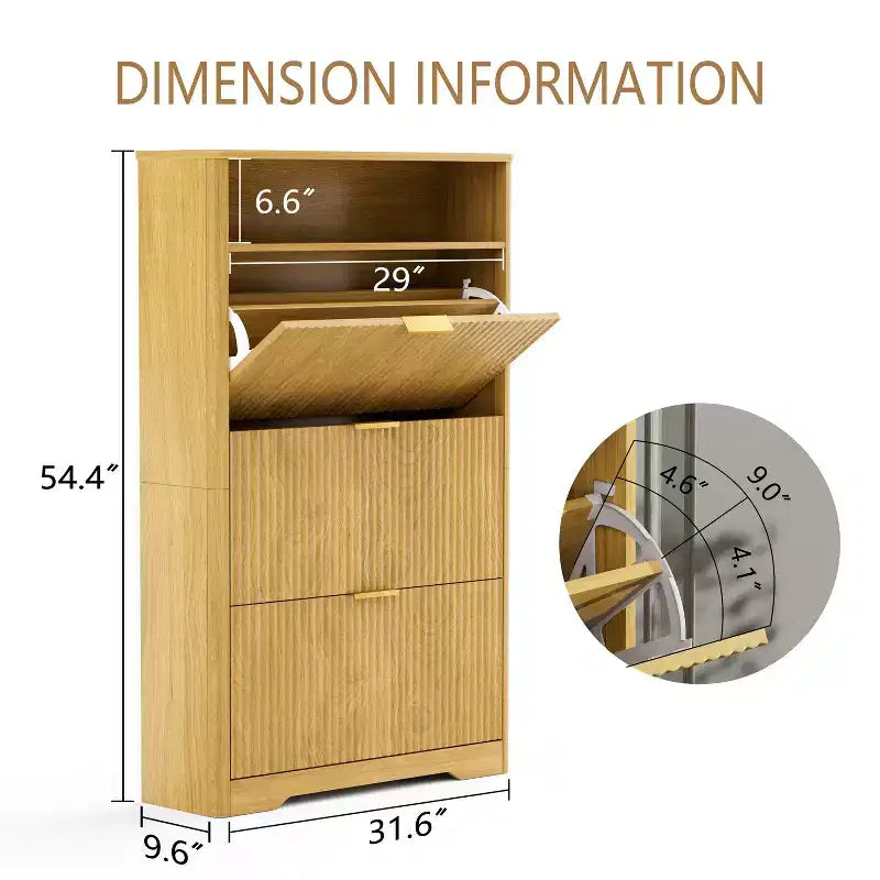 VIYET 54 Tall Freestanding Shoe Cabinet - Natural Particle Board+MDF, 3 Flip Drawers, Adjustable Shelves, Hidden Entryway Storage