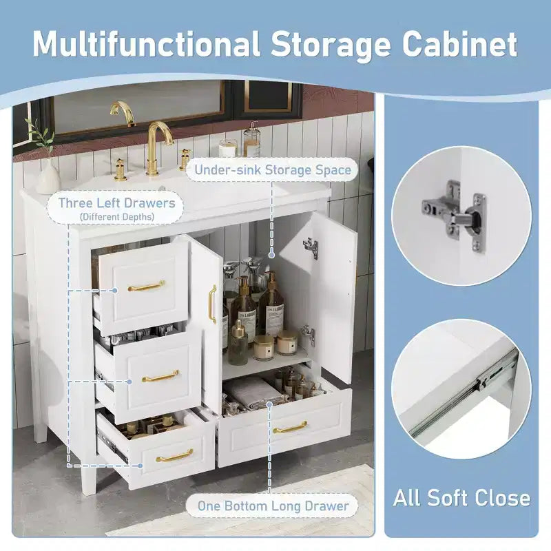 Bathroom Vanity 36-Inch with Sink, Cabinet with Soft-Close Doors, 4 Soft-Close Drawers, and Metal Handles