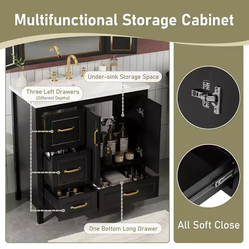 Bathroom Vanity 36-Inch with Sink, Cabinet with Soft-Close Doors, 4 Soft-Close Drawers, and Metal Handles